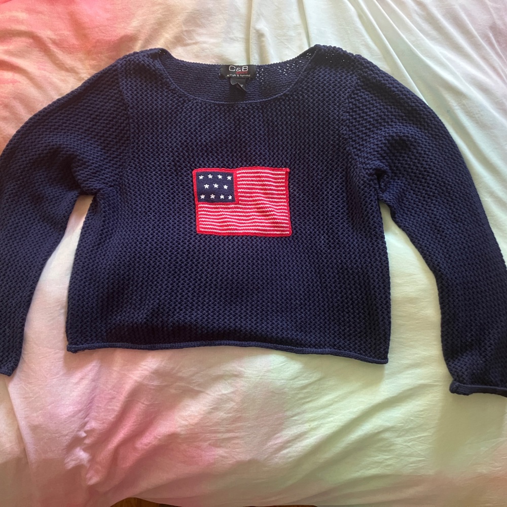 Crochet American Flag Patch Pullover Sweater - image 1